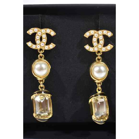 CHANEL Jewelry - Chanel 22A Gold Pearl White Crystal XL Logo Large Dangle Drop Statement Earrings